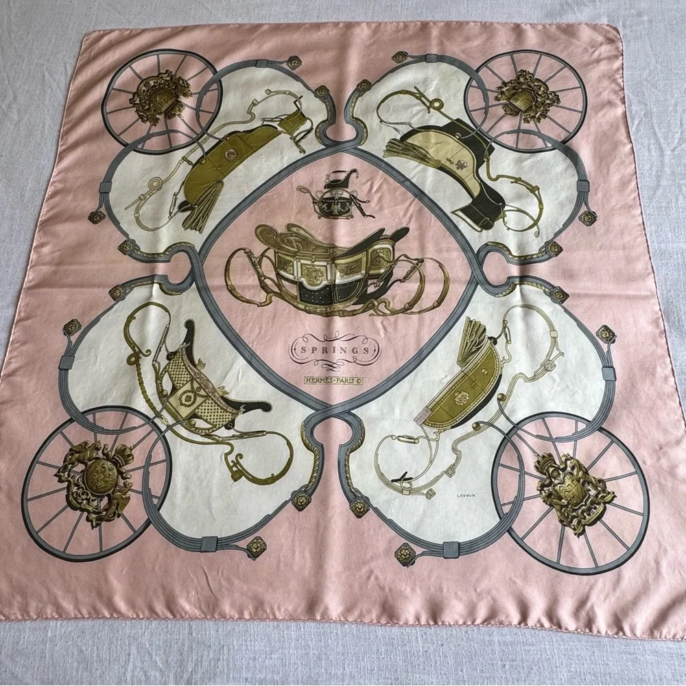 •Hermes Springs Vintage Signed Silk Scarf by Philippe LeDoux Hand-rolled 34”x35”